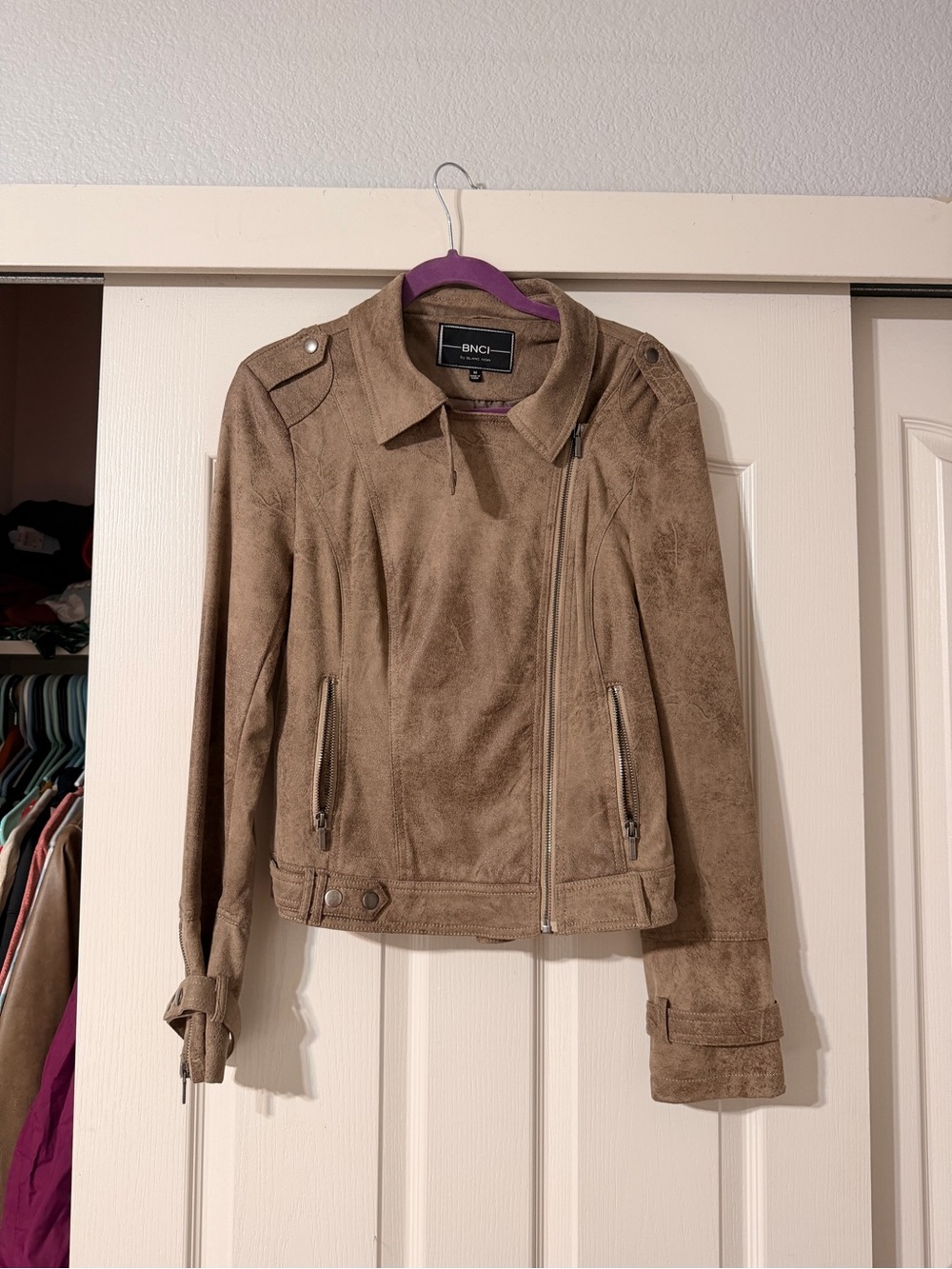 Size M Women's Taupe Faux Suede Moto Jacket